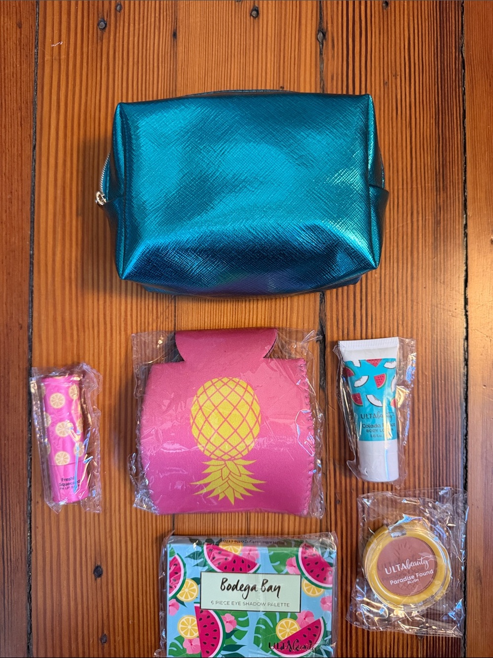 Teal Metallic Cosmetic Pouch with Tropical Beauty Set